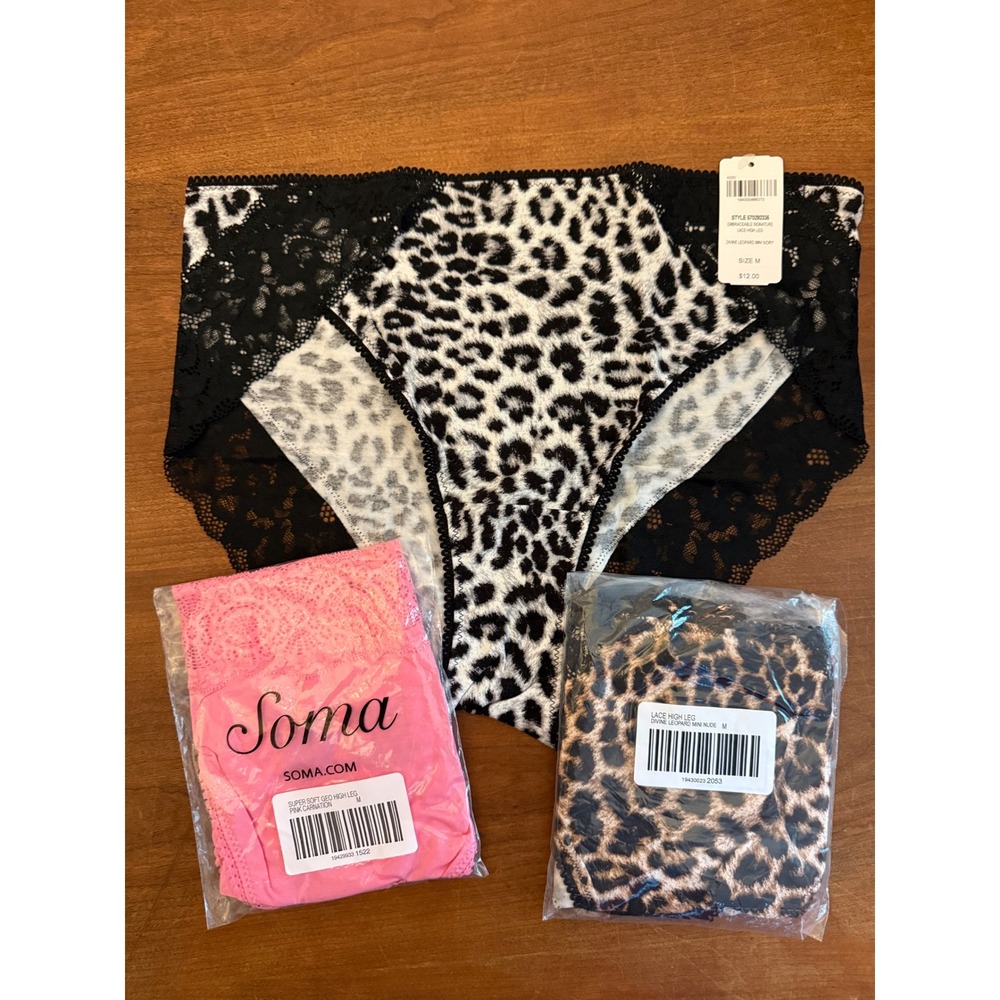 Soma Embraceable Signature Lace High Leg Brief Panties M Leopard Pink Lot 3 NWT